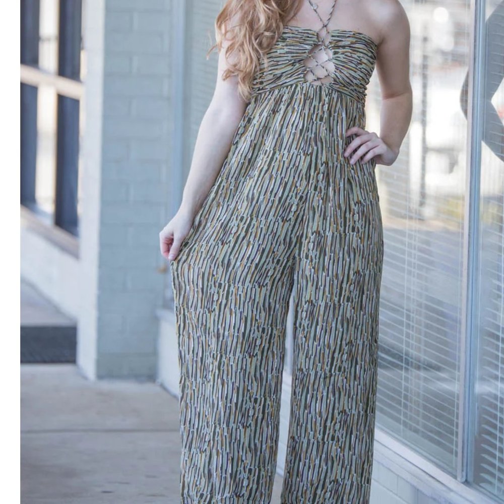 Lush Olive Mustard Vertical Stripes Halter Neck Jumpsuit Large